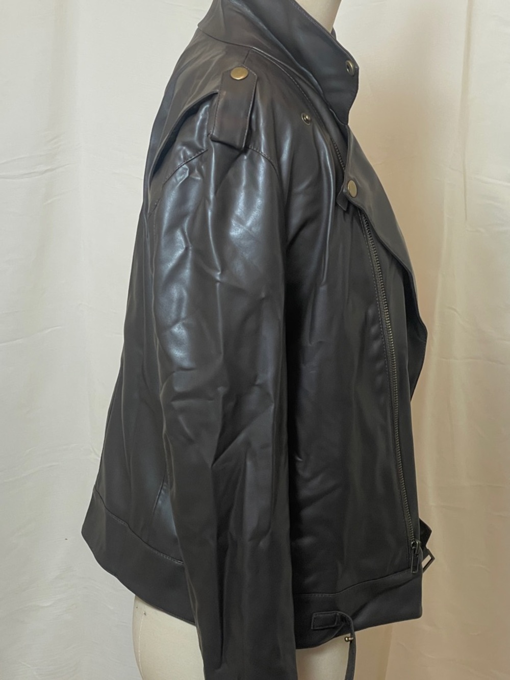 Brown Leather Moto Jacket with Asymmetrical Zip - Picture 4 of 13